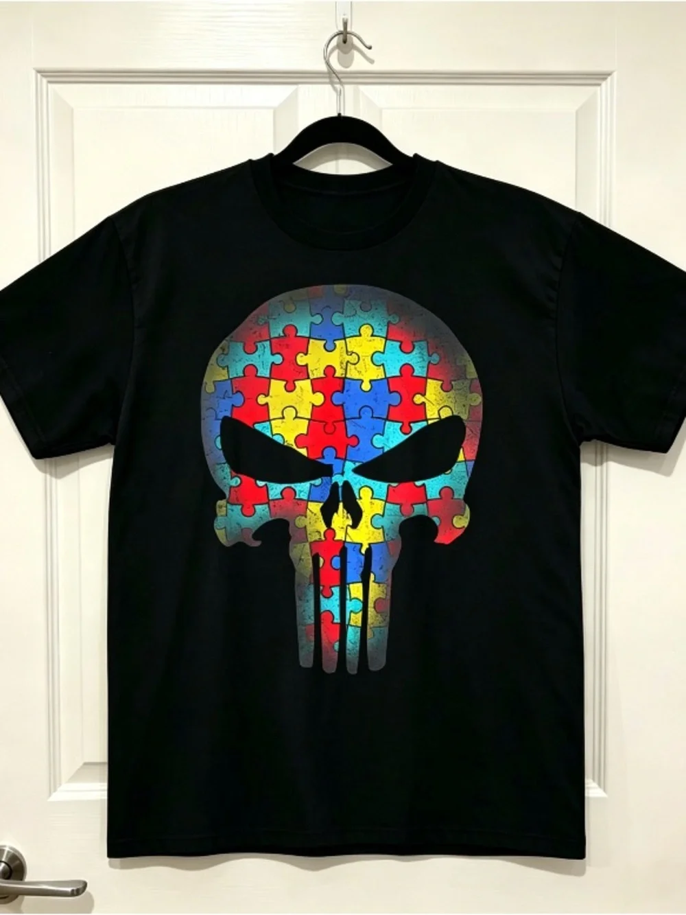 Rainbow Puzzle Punisher Skull Black Short sleeved T-shirt